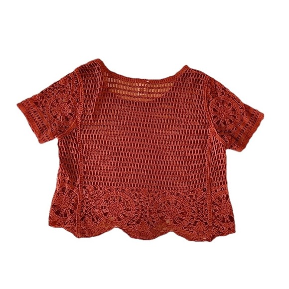 Ultra Pink Womens Crochet Top L Orange Open Knit Layering Boho Festival Cottage - Picture 4 of 9